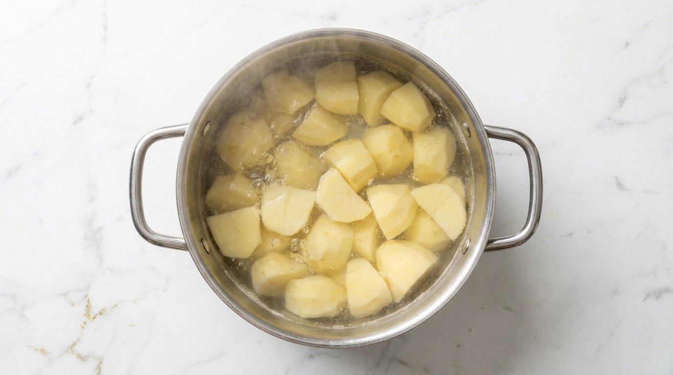 Step 1: Peel the potatoes and boil them for 20 minutes, until done.