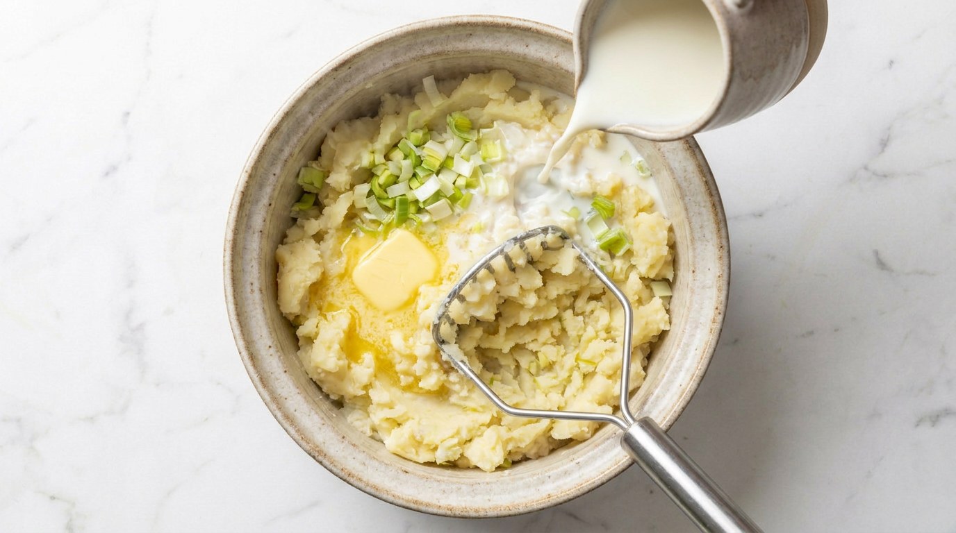 Step 3: Drain the potatoes and mash them with the warm milk and butter.