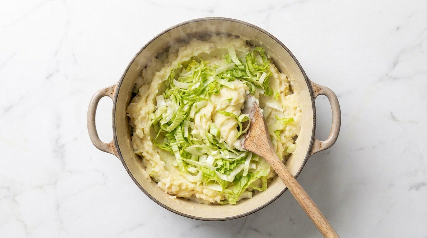 Step 4: Fold the raw endive and the cheese through the hot mash so the endive wilts.