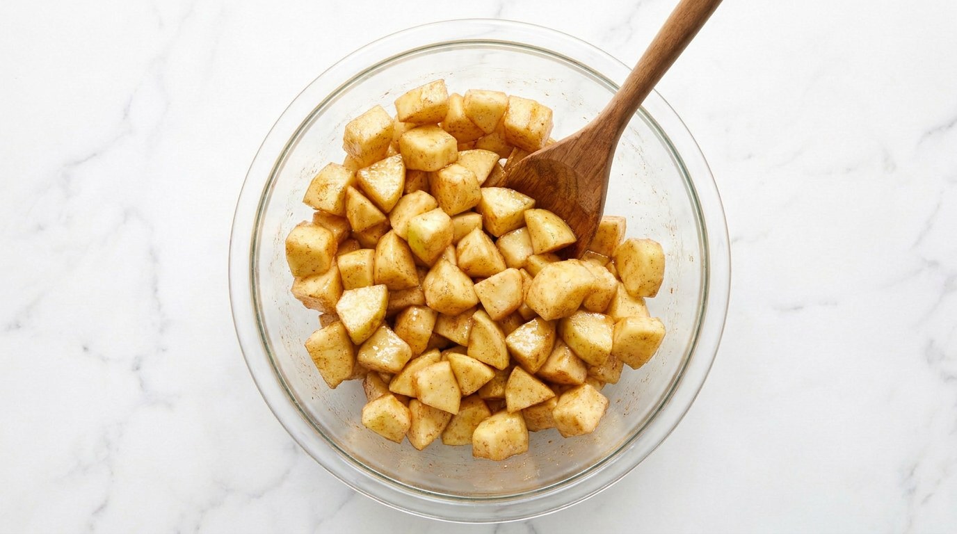 Step 2: Cut the apples into cubes and mix them with cinnamon, lemon juice and some of the sugar.