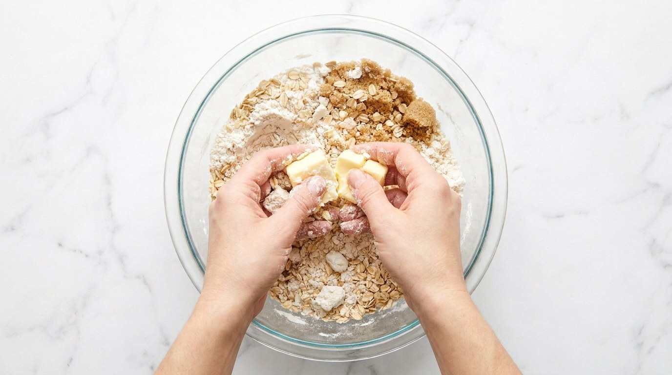 Step 3: Rub the flour, oats, cold butter and the rest of the sugar into coarse crumbs.