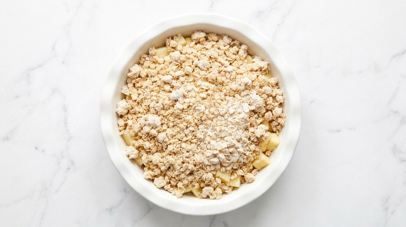Step 4: Spread the apple over an oven dish and scatter the crumbs over the top.