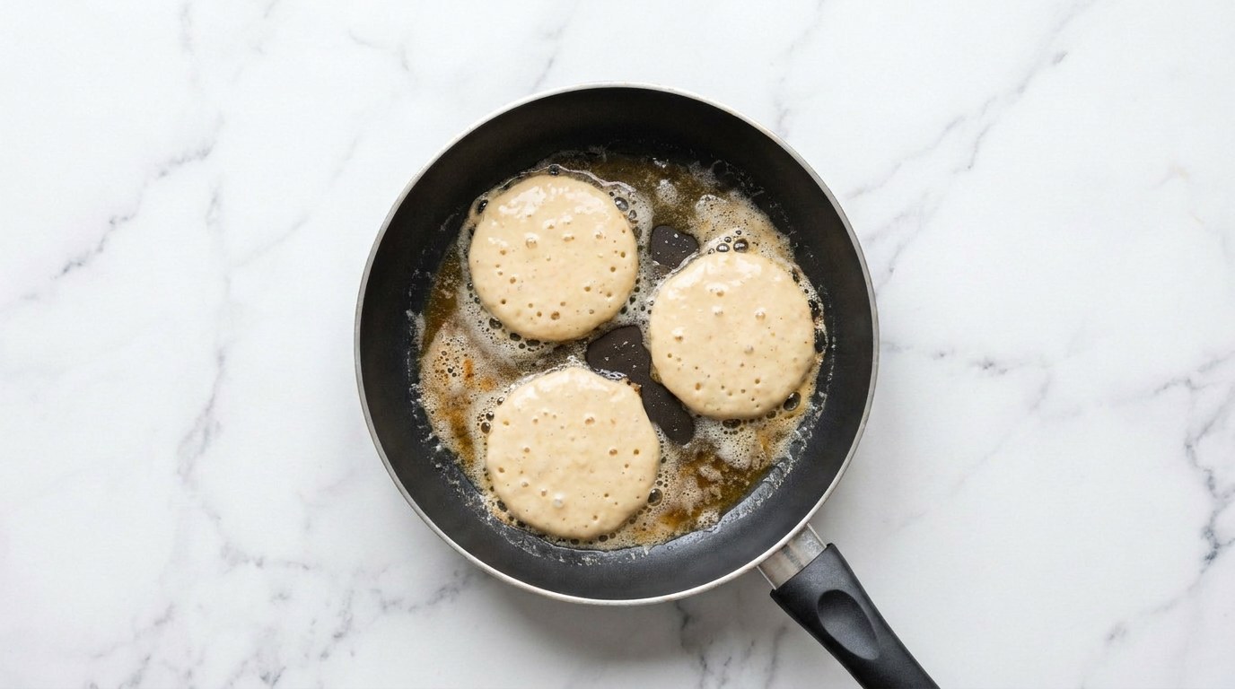 Stap 2: Verhit een klontje boter in een koekenpan en schep kleine hoopjes beslag in de pan.