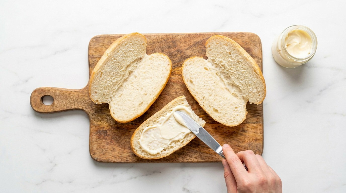 Stap 3: Snijd de pistolets open en besmeer ze met mayonaise.