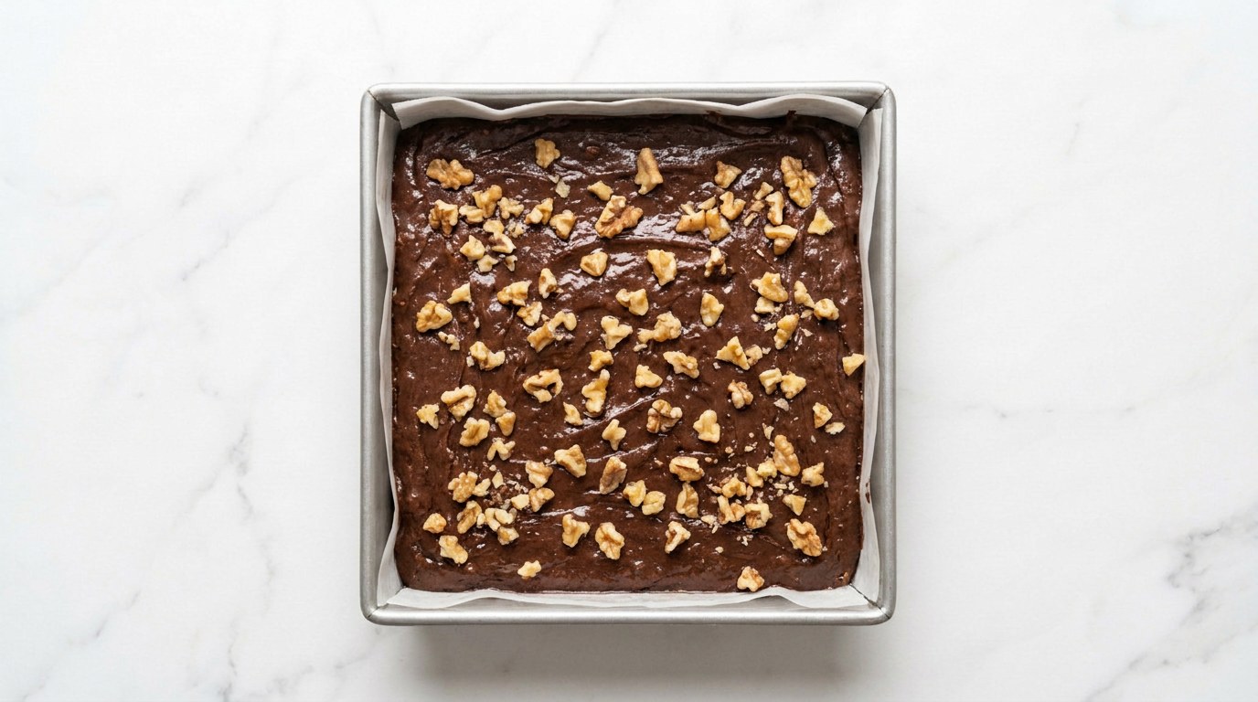 Step 4: Fold in the flour, cocoa, salt and roughly chopped walnuts.