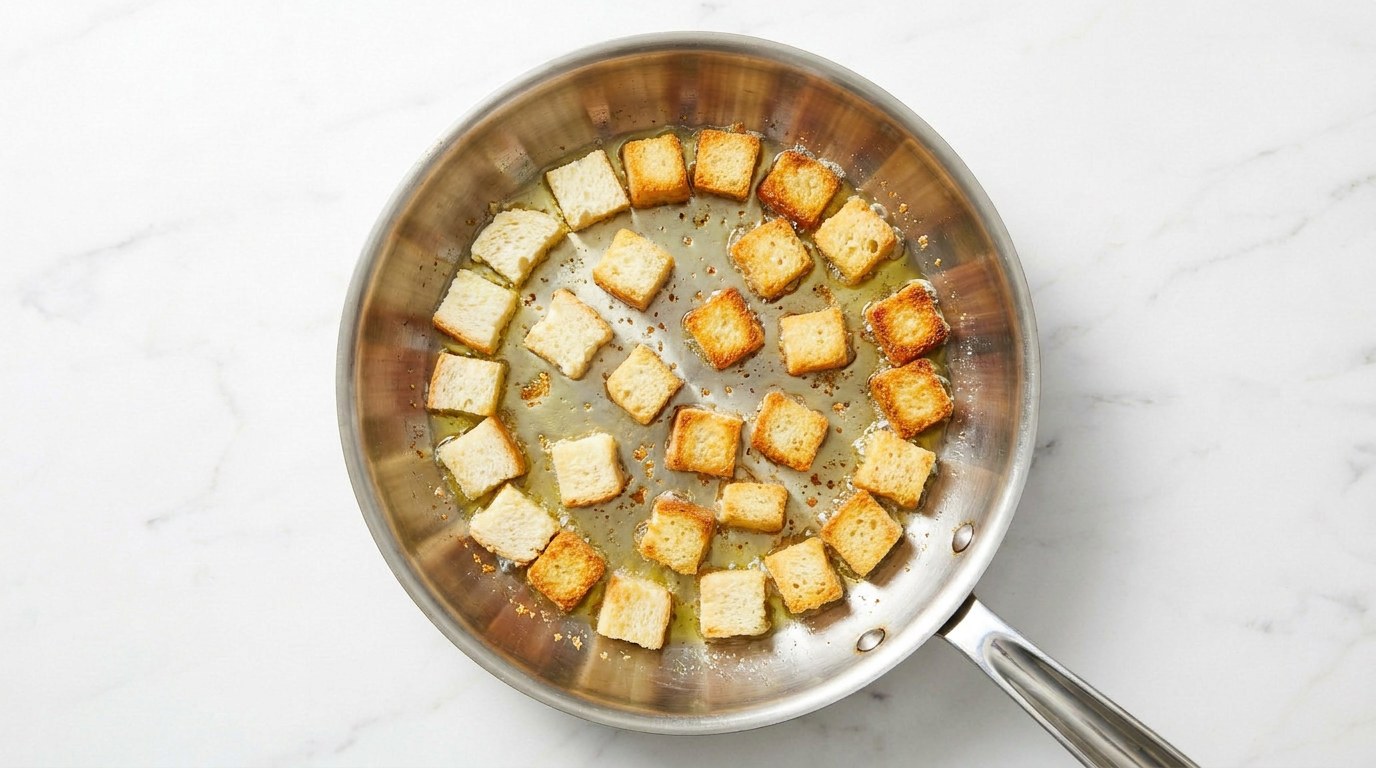 Step 1: Cut the bread into cubes and fry them crisp in olive oil.