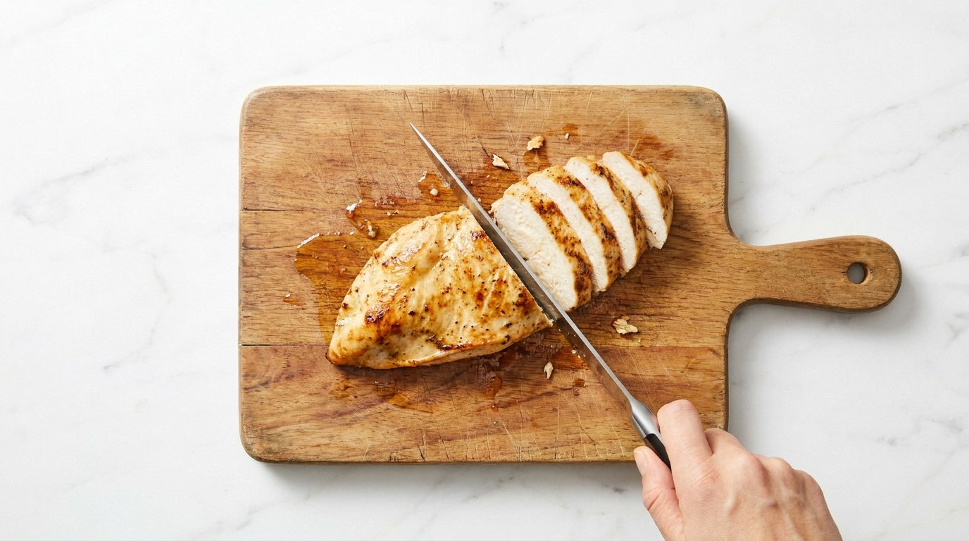 Step 2: Fry the chicken golden and cooked through and cut it into slices.