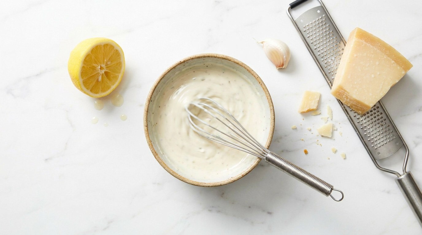 Step 3: Stir the dressing from mayonnaise, lemon juice, crushed garlic and grated Parmesan.
