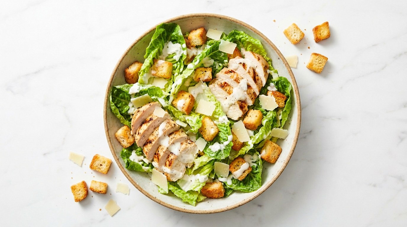 Step 5: Scatter over the chicken and croutons and finish with shaved Parmesan.