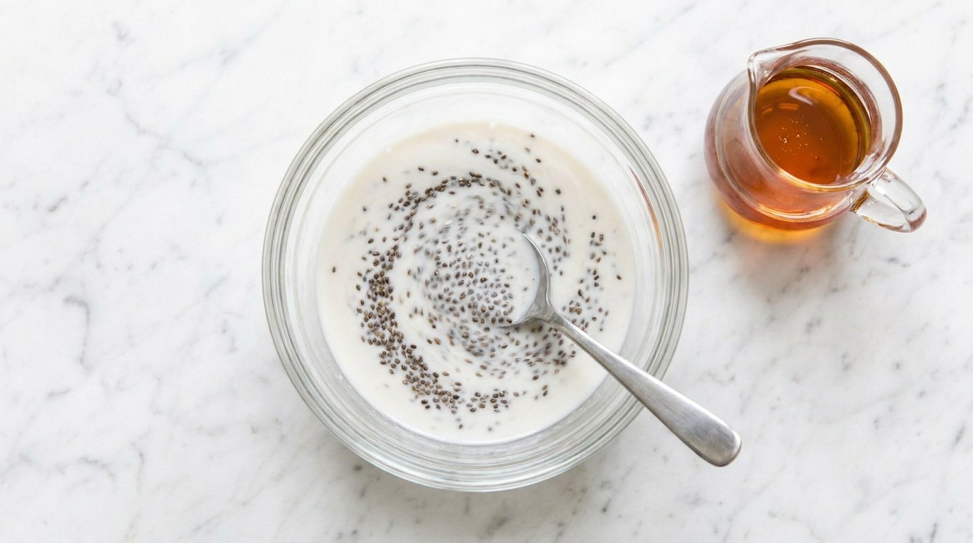 Step 1: Stir the chia seeds into the coconut milk with the maple syrup.