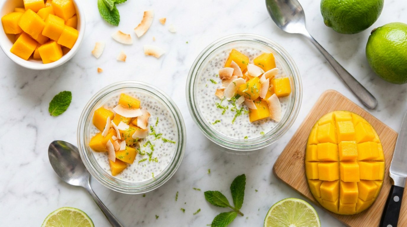 Step 4: Dice the mango and spoon it onto the pudding with coconut and lime zest.