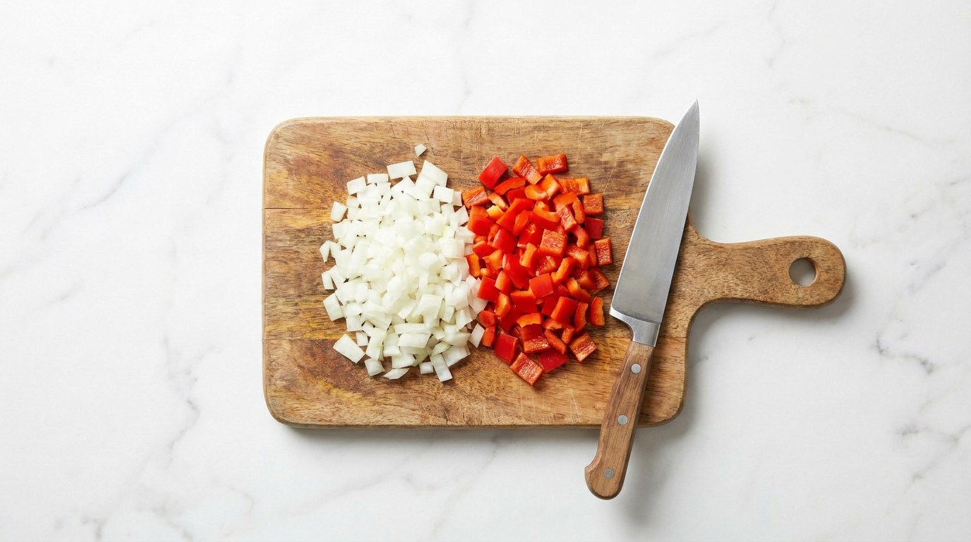 Step 1: Finely chop the onion and dice the pepper.