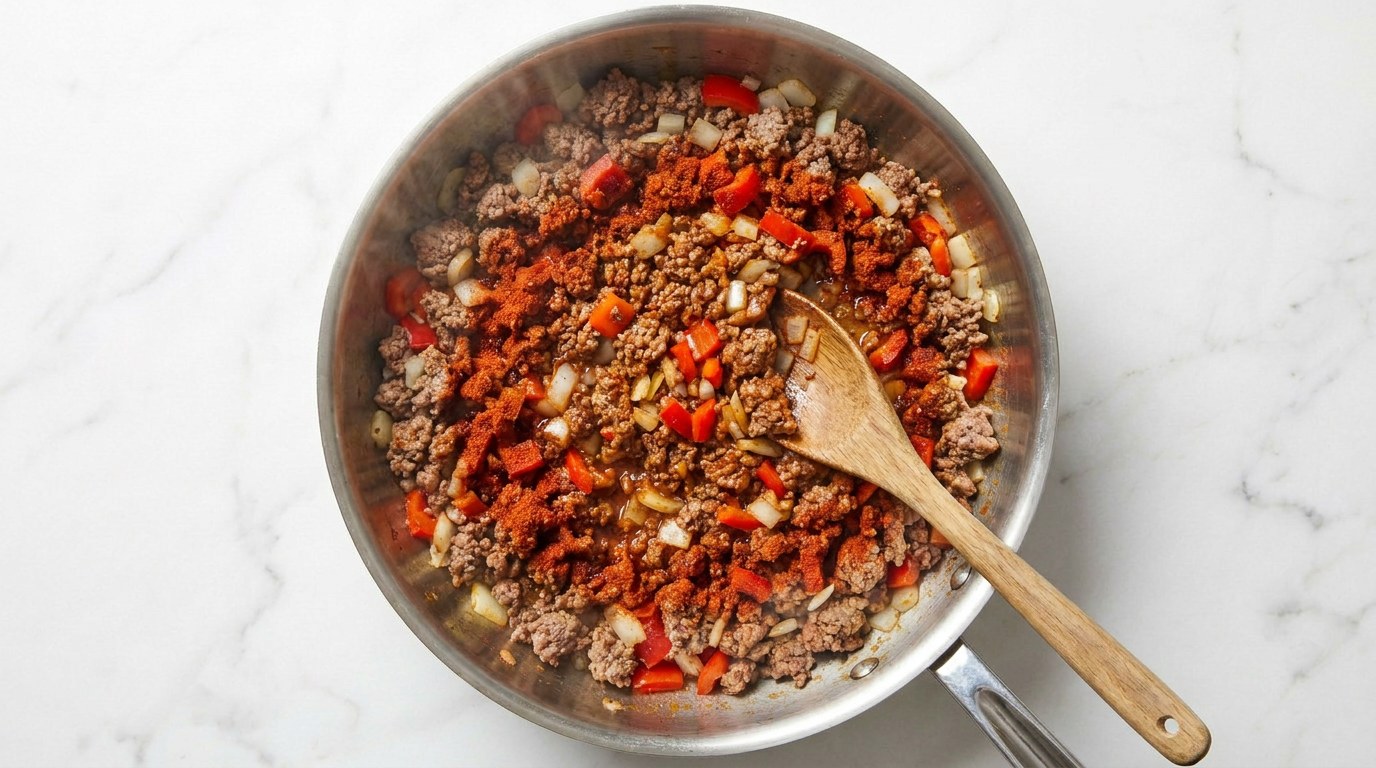 Step 2: Fry the mince loose and add the onion, pepper and spices.