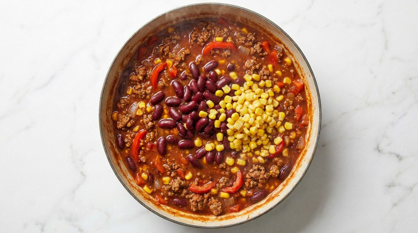 Step 4: Stir in the drained beans and sweetcorn and heat through for another 5 minutes.