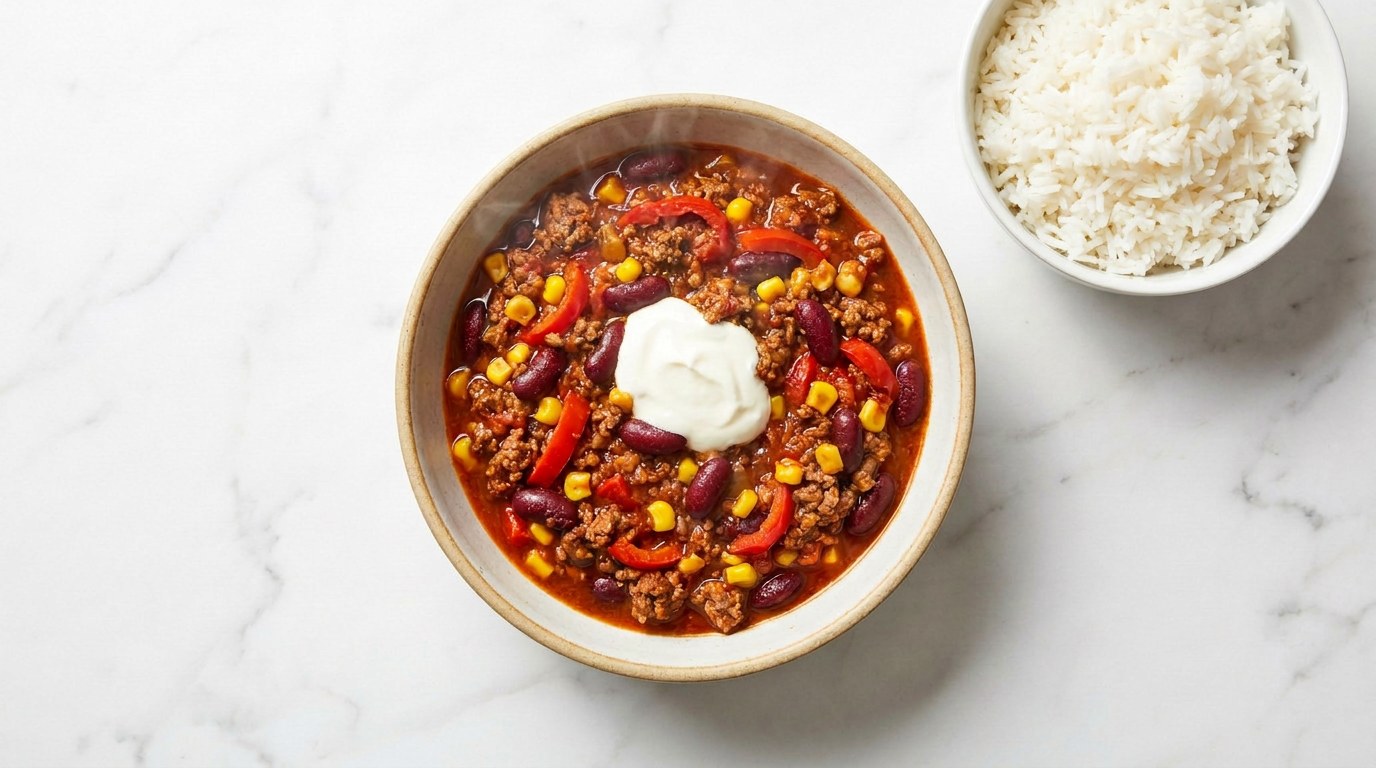 Step 5: Serve with rice and a spoonful of sour cream on top.