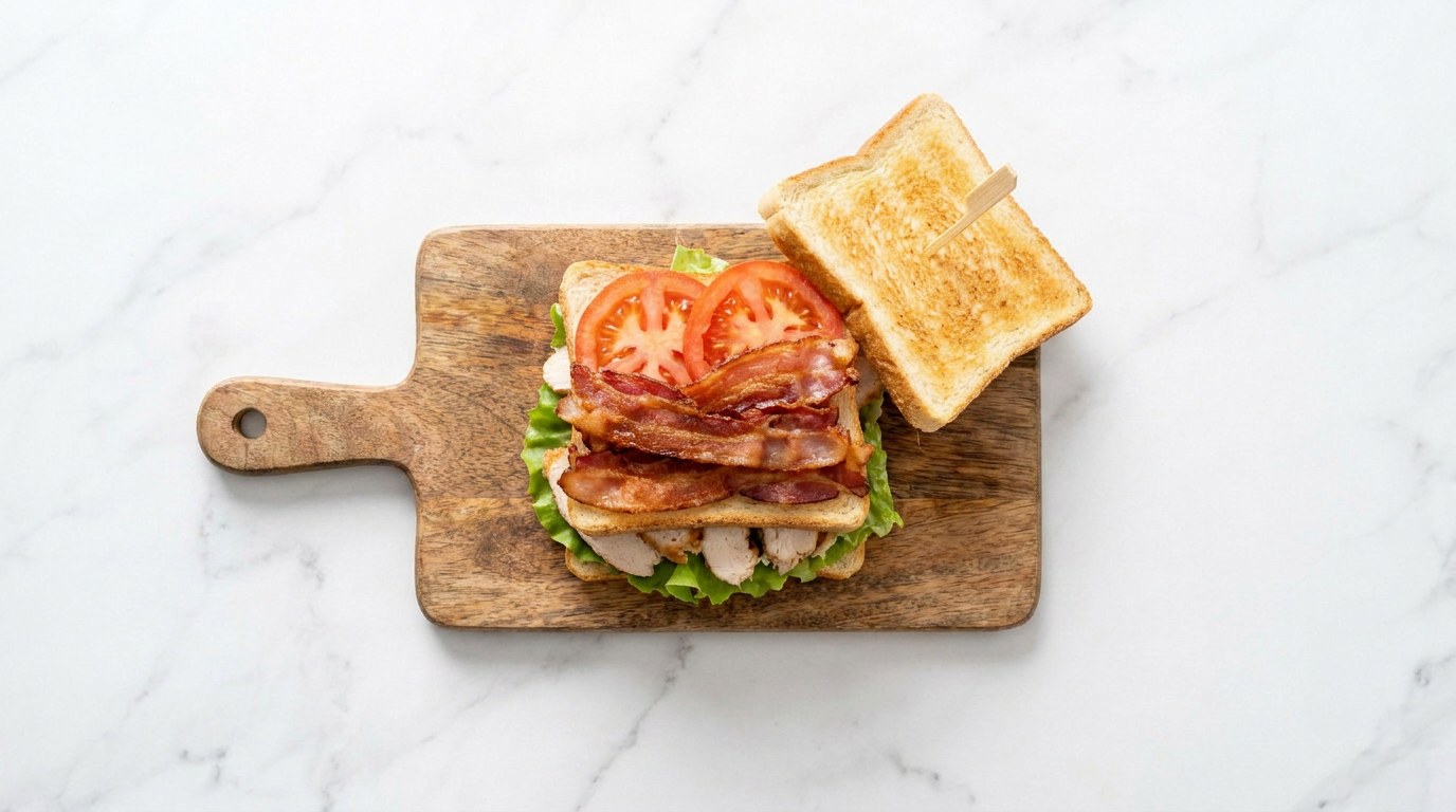 Step 3: Stack per sandwich: bread, lettuce, chicken, bread, bacon, tomato, and close with a third slice.