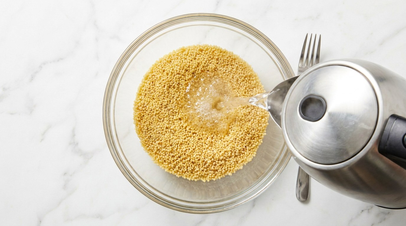 Step 1: Pour boiling water over the couscous, cover and leave to swell for 10 minutes. Fluff it up with a fork.