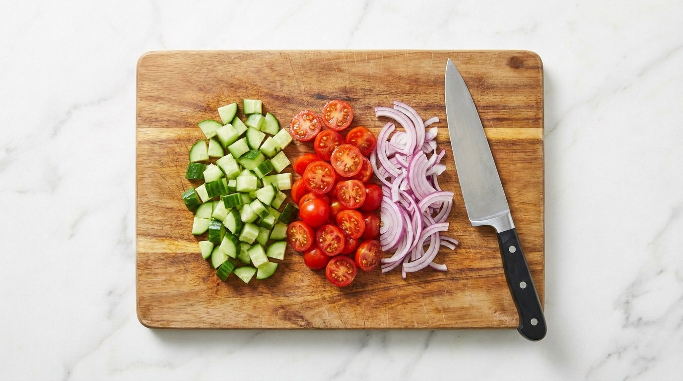 Step 2: Cut the cucumber, cherry tomatoes and red onion into small pieces.