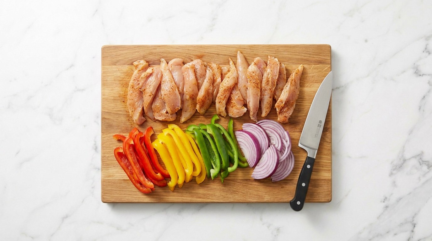 Step 1: Cut the chicken, peppers and red onion into thin strips.