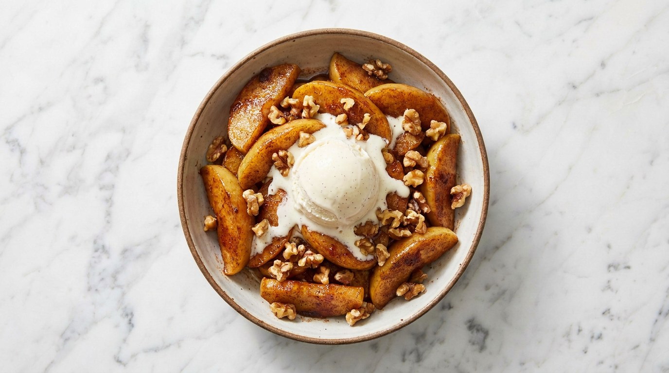 Step 4: Spoon the warm apples into bowls with a scoop of vanilla ice cream and roughly chopped walnuts.