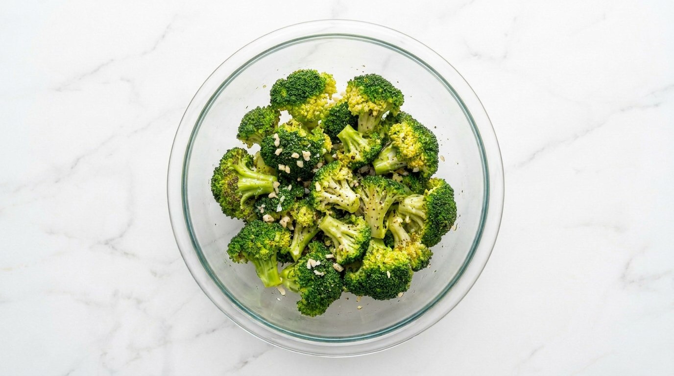 Step 2: Cut the broccoli into florets and toss with olive oil, garlic, salt and pepper.