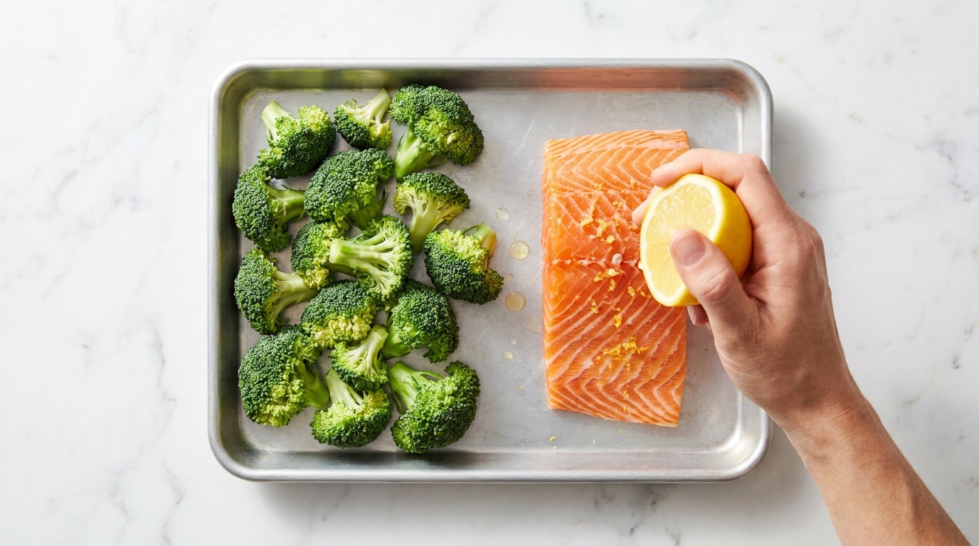 Step 3: Put the salmon and broccoli on a baking tray and drizzle the salmon with lemon juice.