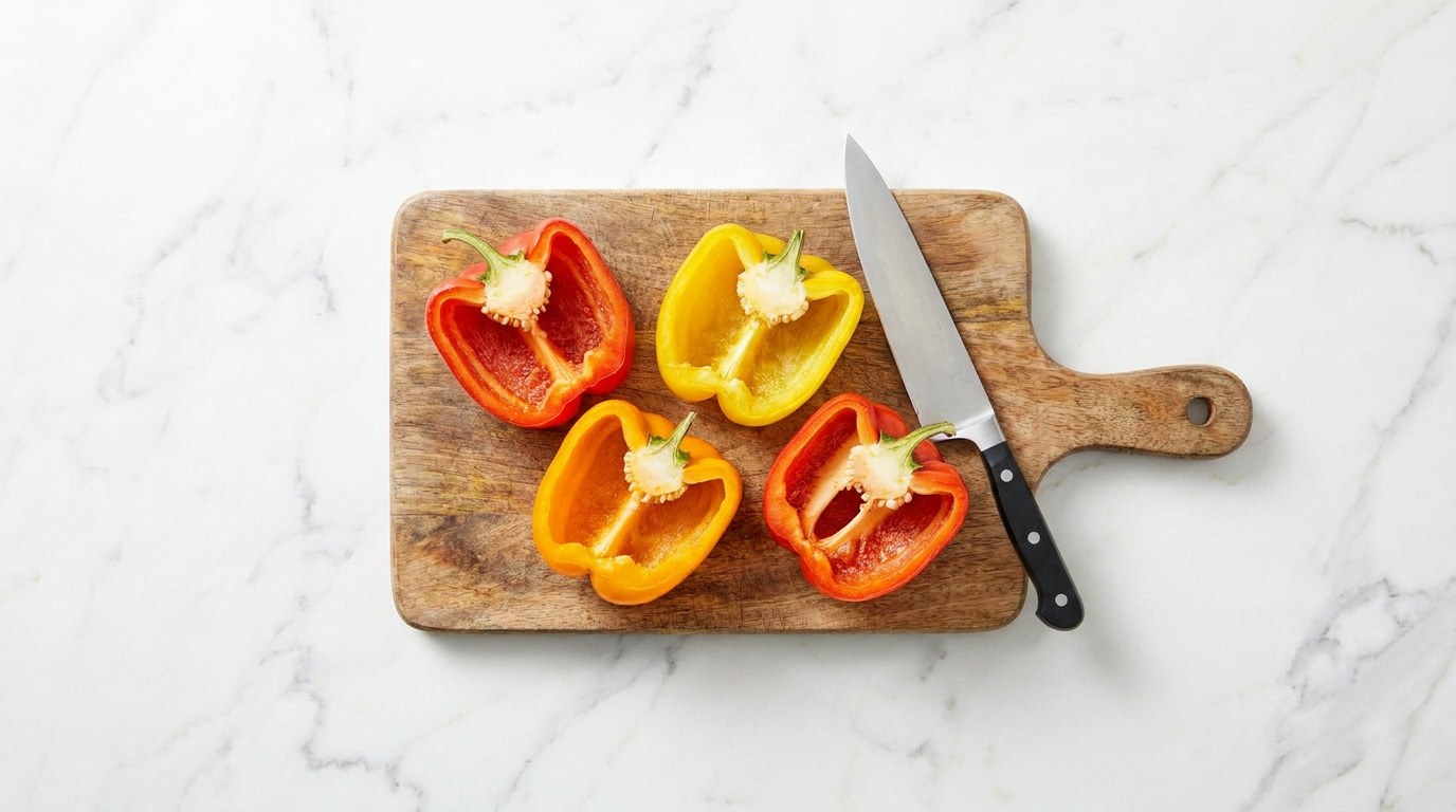 Step 1: Preheat the oven to 200 degrees, halve the peppers and remove the seeds.