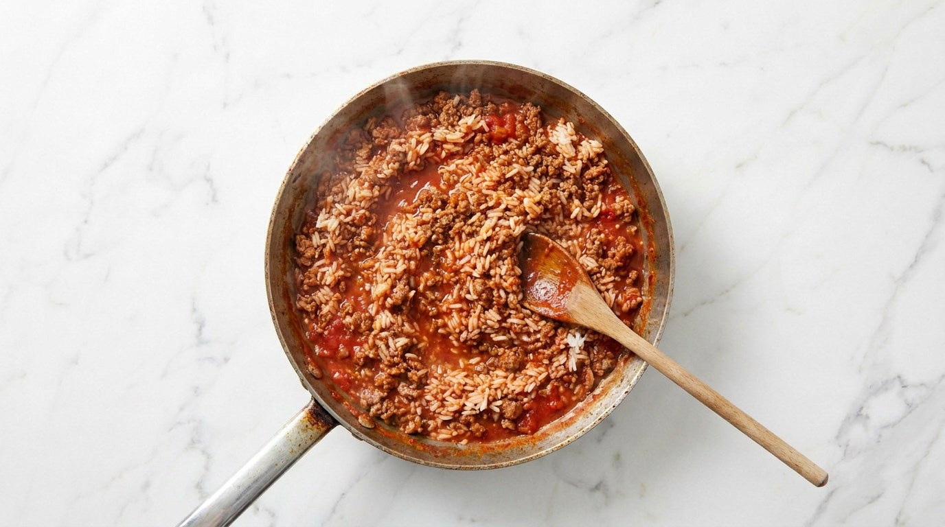 Step 3: Stir the rice and passata through the mince.