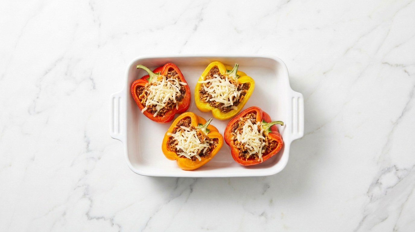Step 4: Fill the pepper halves with the mixture and scatter cheese over them.