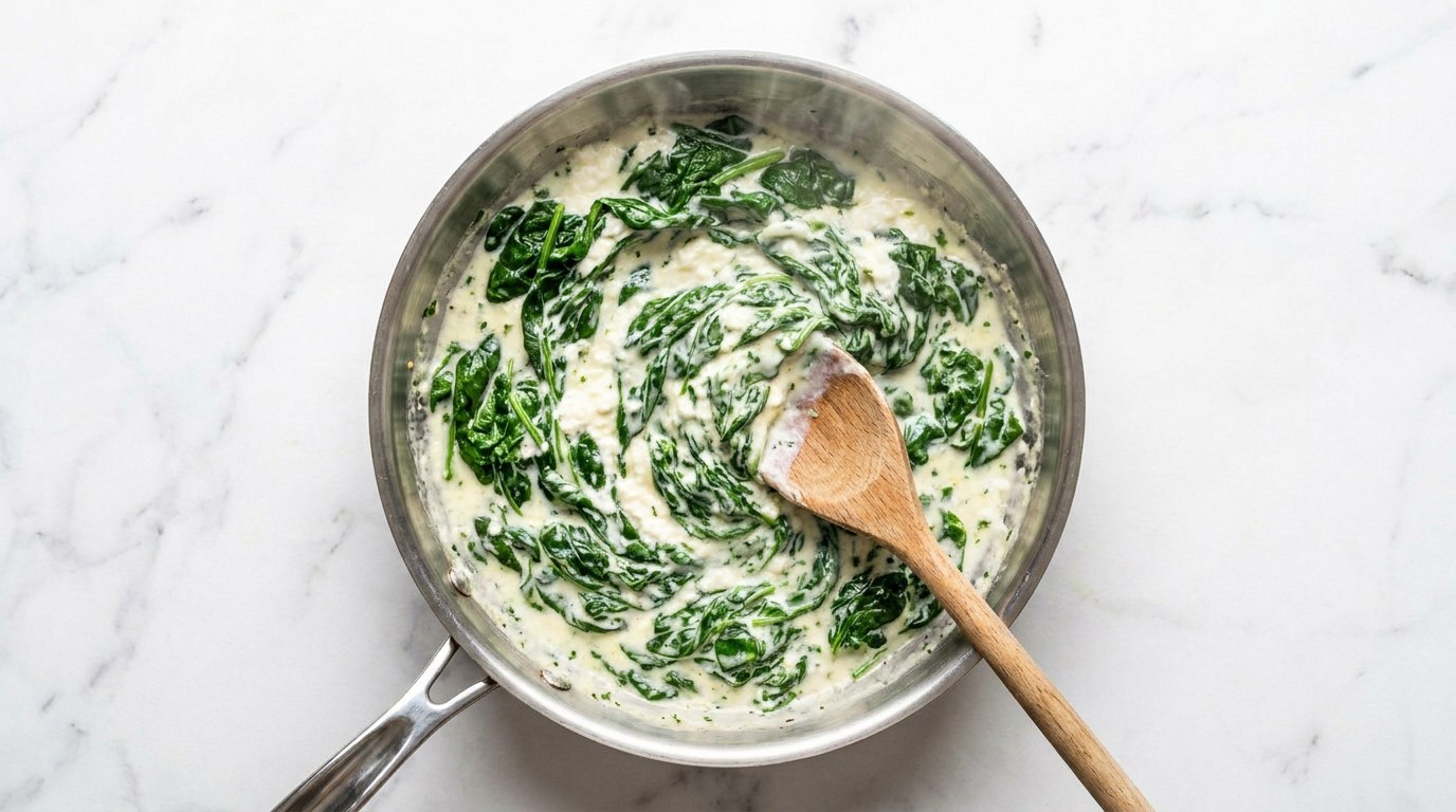 Stap 3: Roer de ricotta met een scheutje kookvocht door de spinazie tot een romige saus.