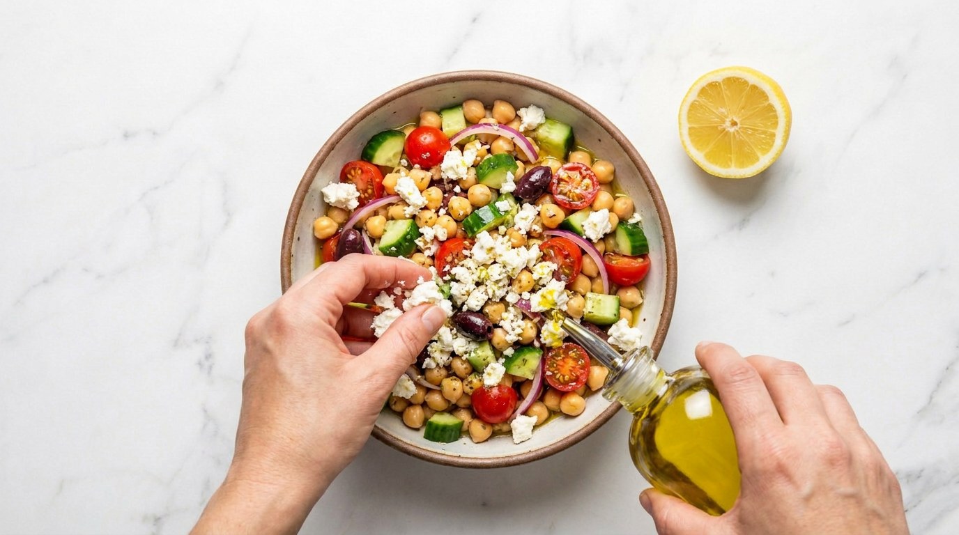 Stap 4: Verkruimel de feta erover en besprenkel met olijfolie en citroensap.