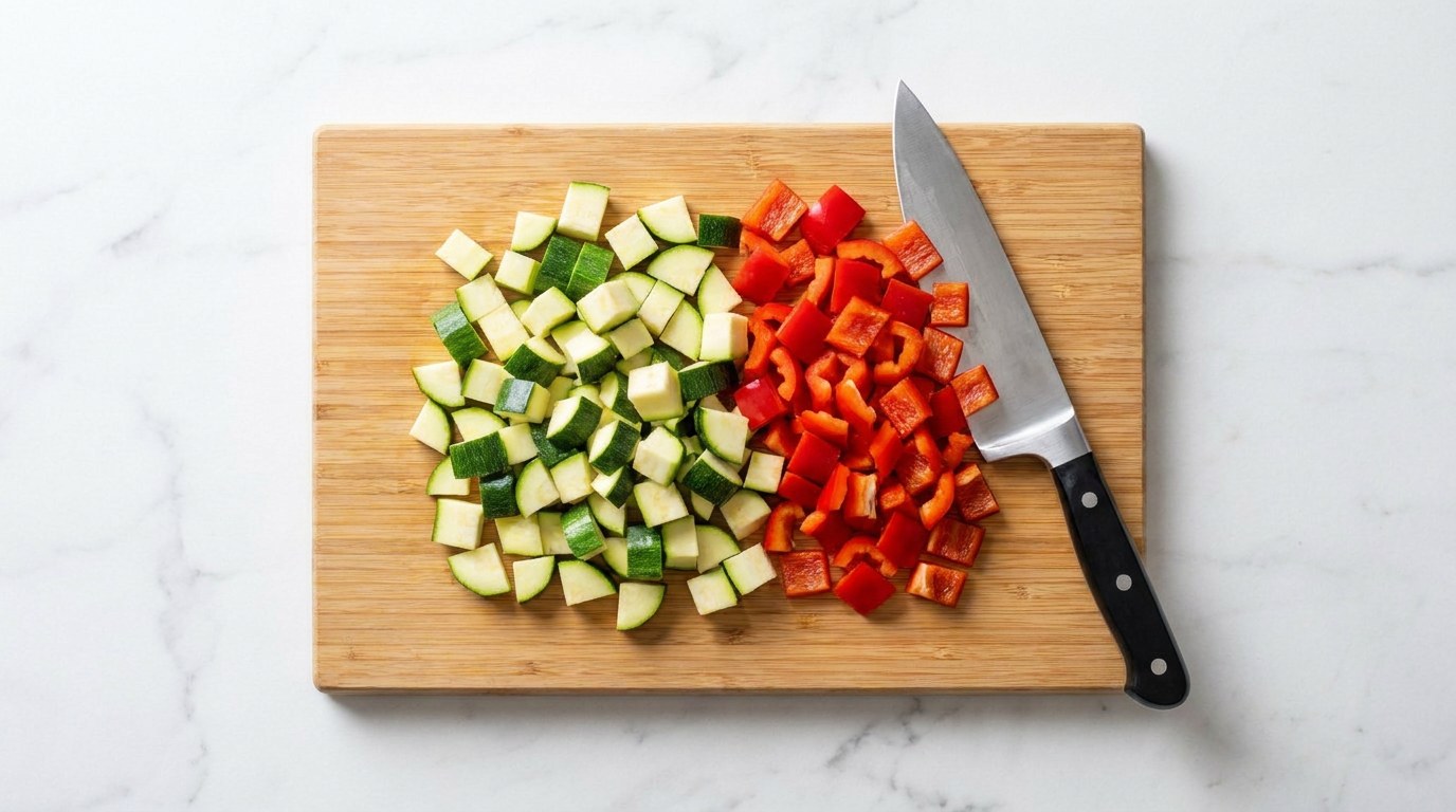 Step 1: Preheat the oven to 200 degrees and dice the courgette and pepper.