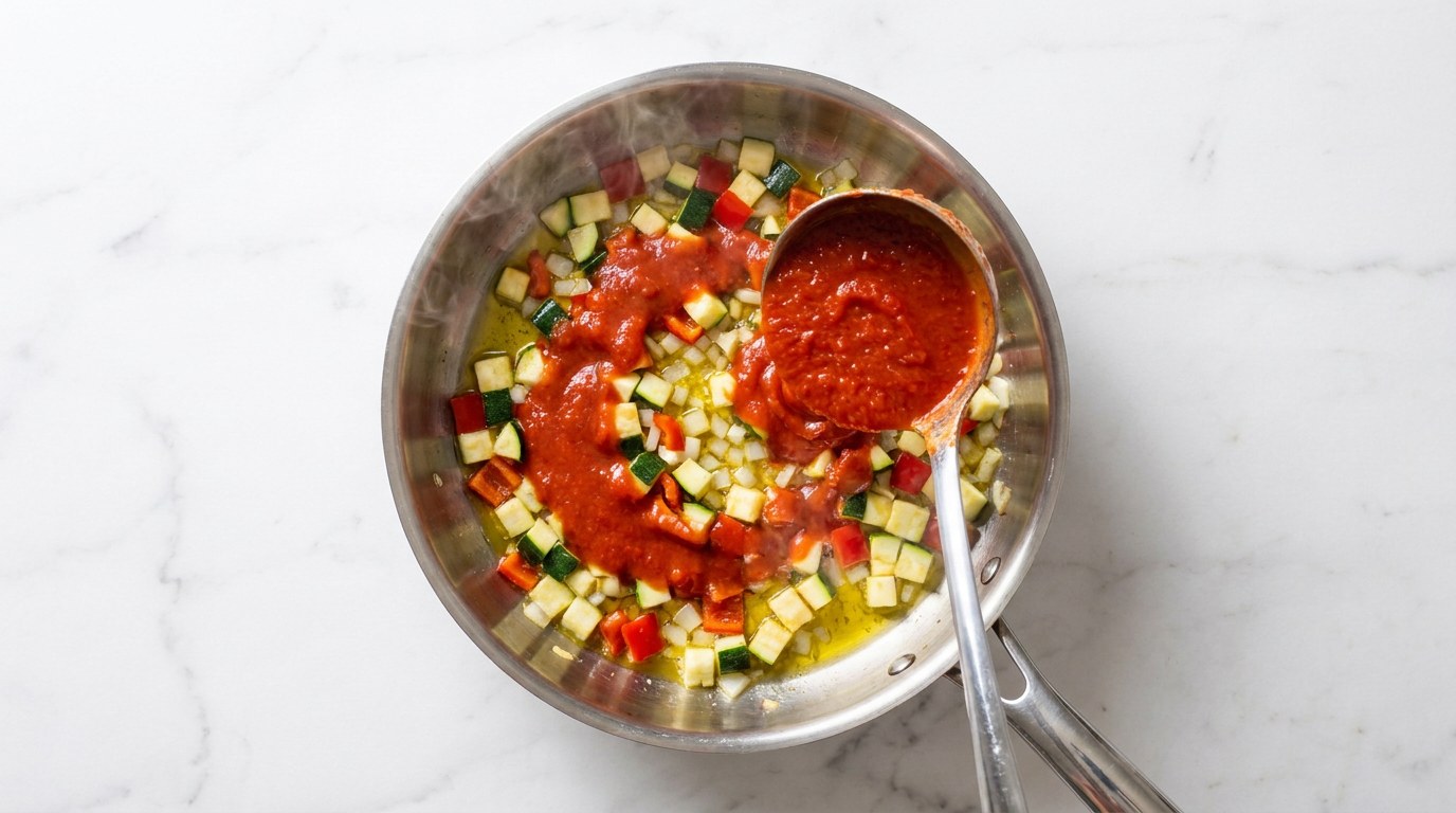 Step 2: Soften the onion, fry the vegetables with it and add the passata and herbs.