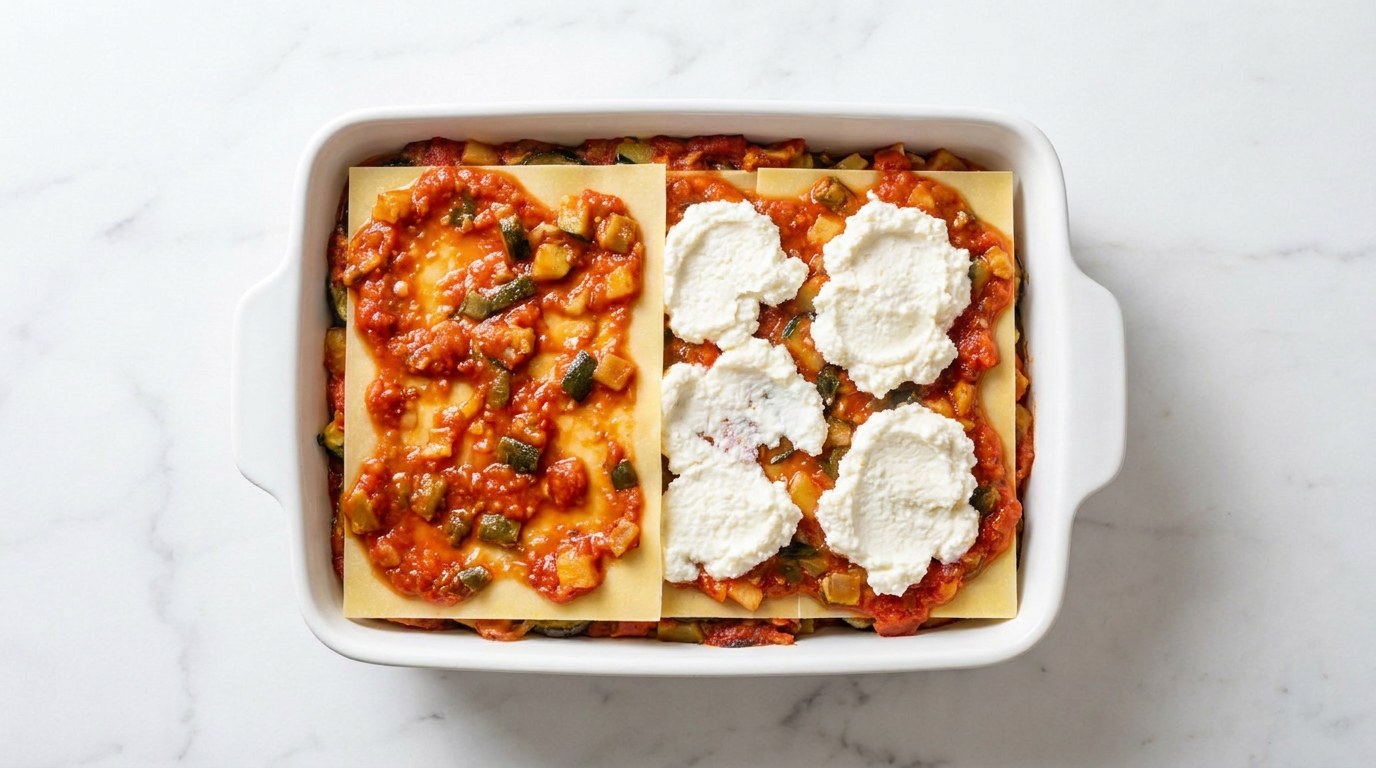 Step 4: Fill the dish with layers of sauce, lasagne sheets and ricotta, finishing with sauce.