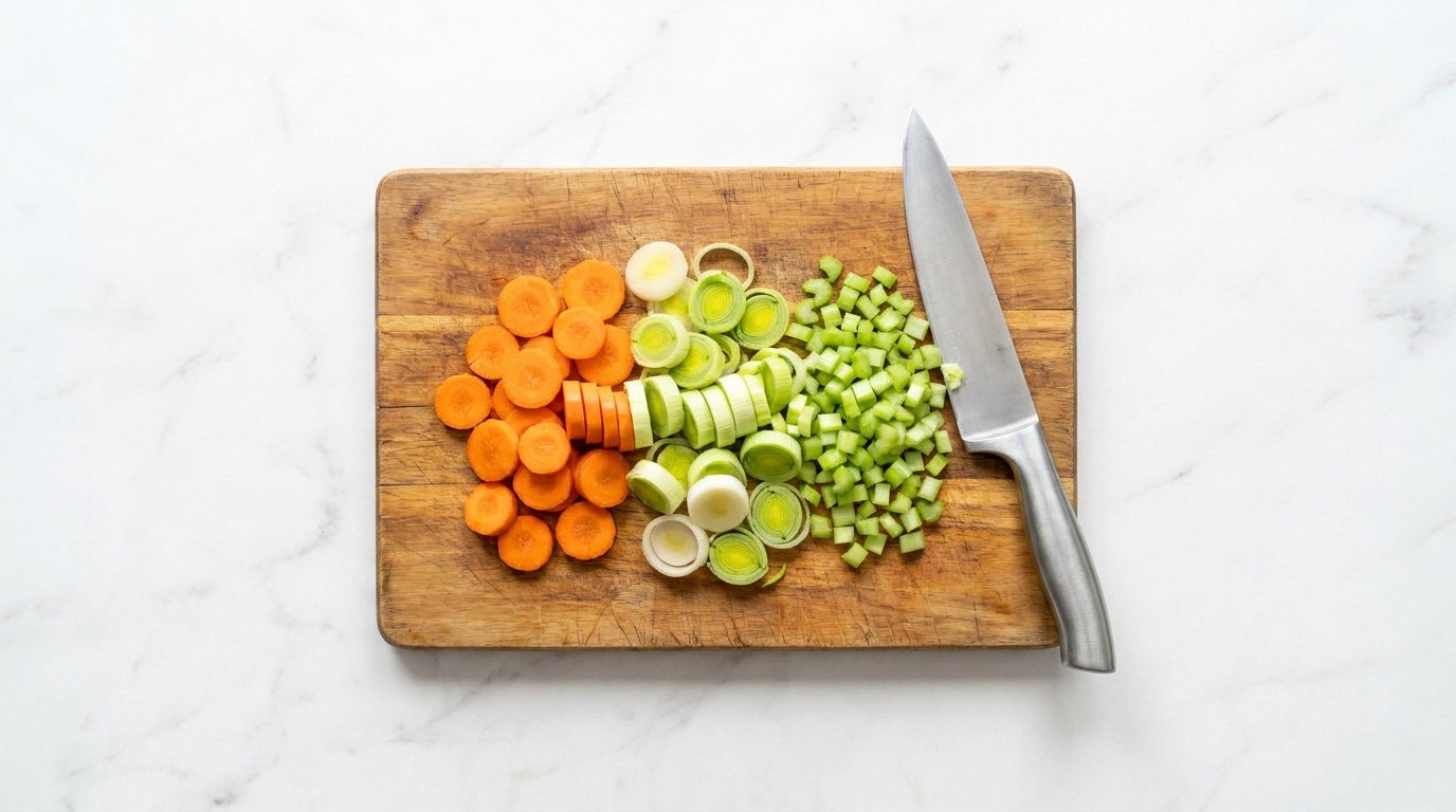 Step 2: Cut the carrot, leek and celery into small pieces.