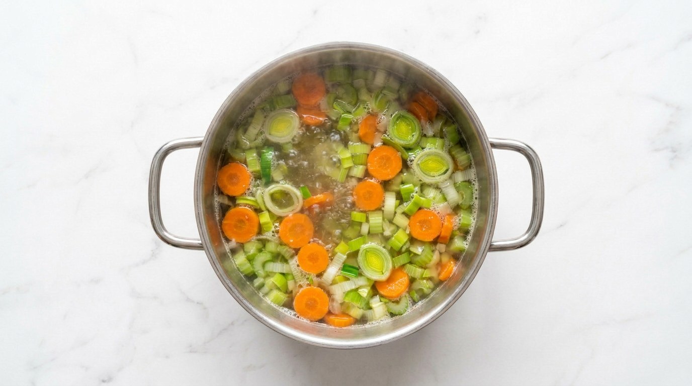 Step 3: Bring the stock to the boil, add the vegetables and cook for 10 minutes.
