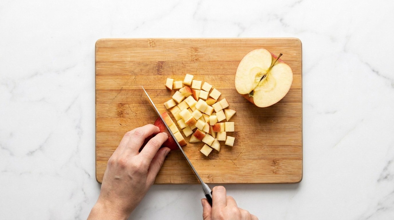 Stap 2: Snijd ondertussen de appel in kleine blokjes.