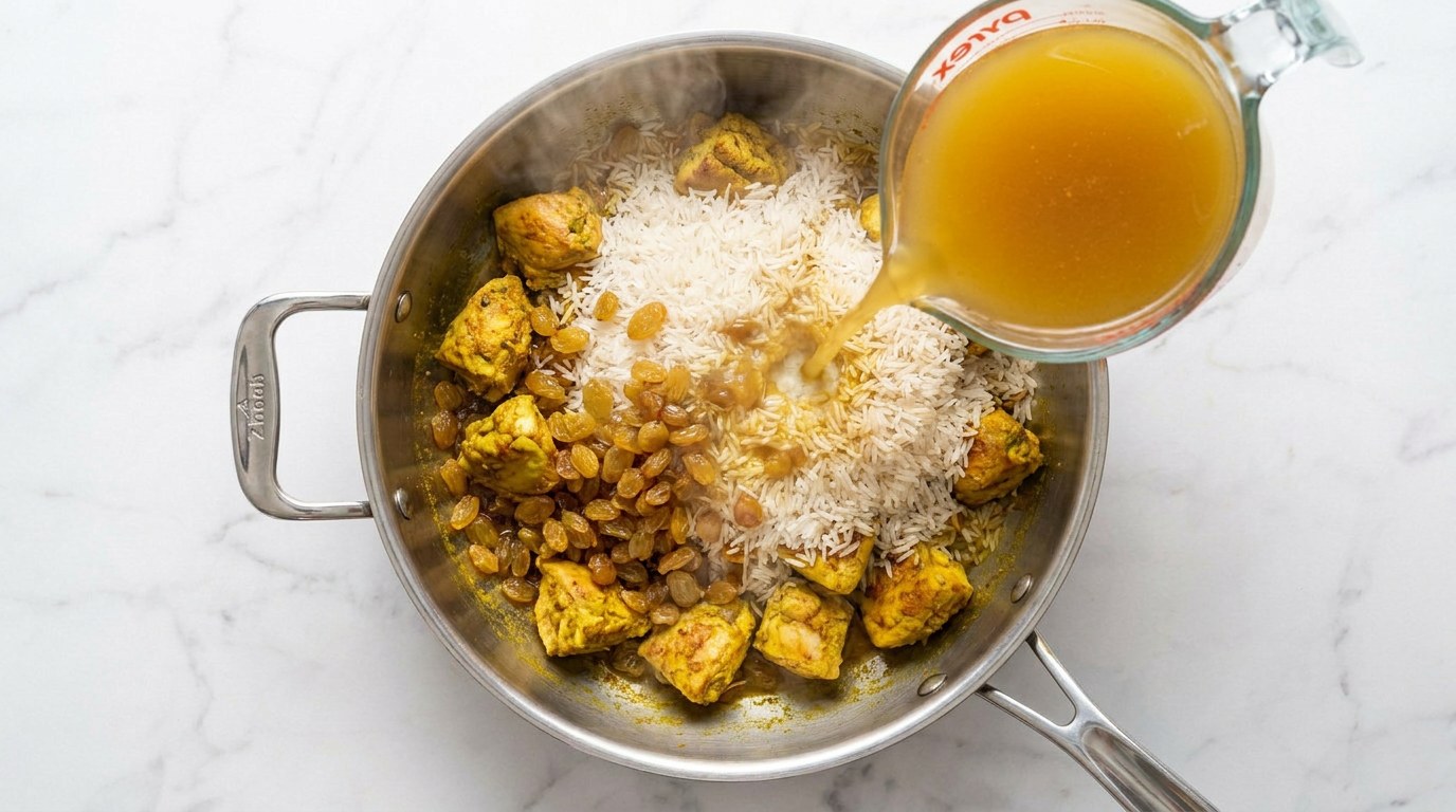 Stap 3: Roer de rijst en rozijnen erdoor en giet de bouillon erbij.
