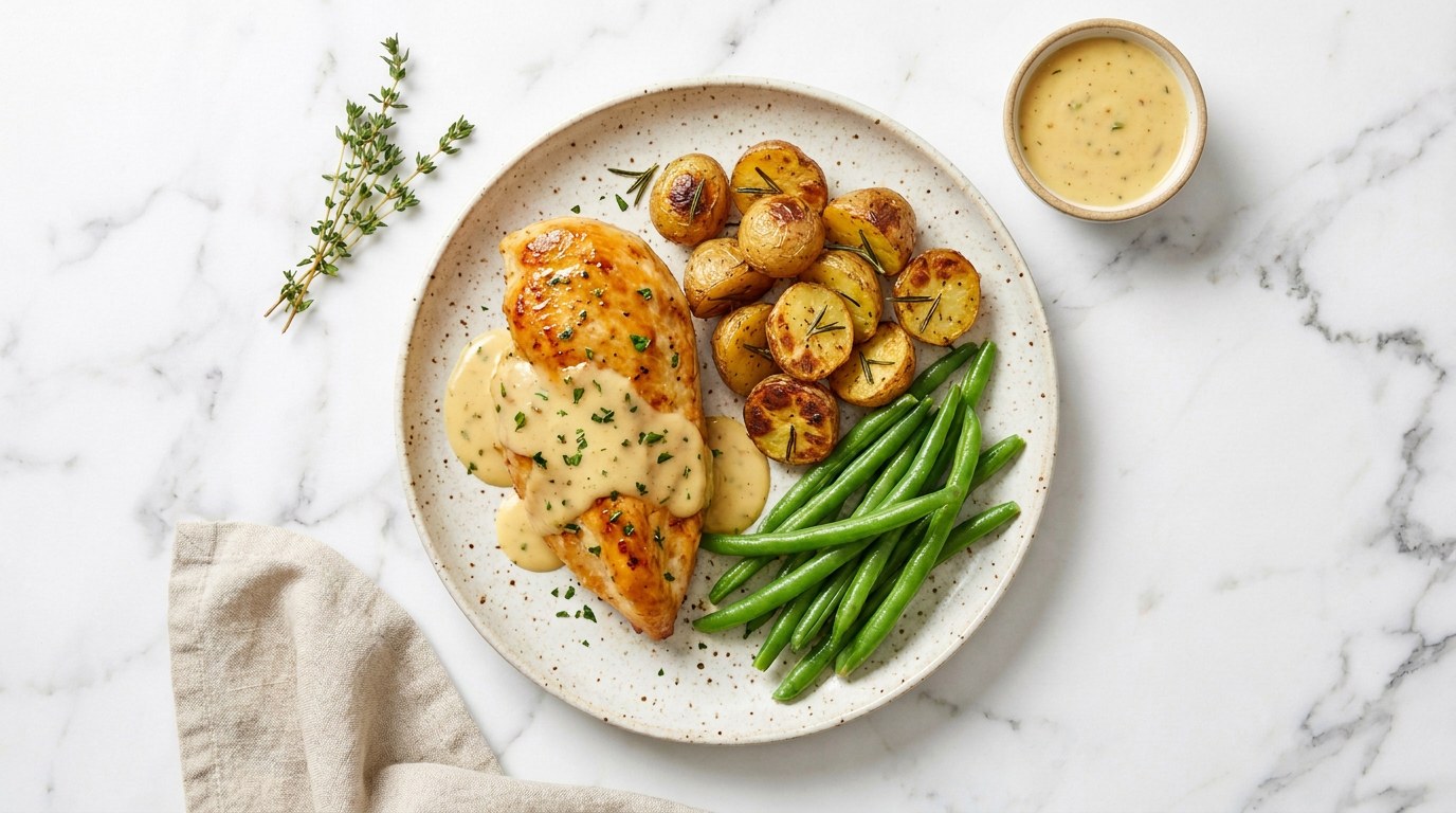 Stap 5: Serveer de kip met de saus, krieltjes en boontjes.