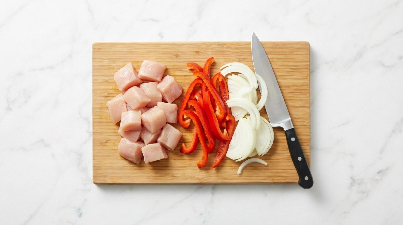 Stap 1: Snijd de kip in blokjes en de paprika en ui in reepjes.