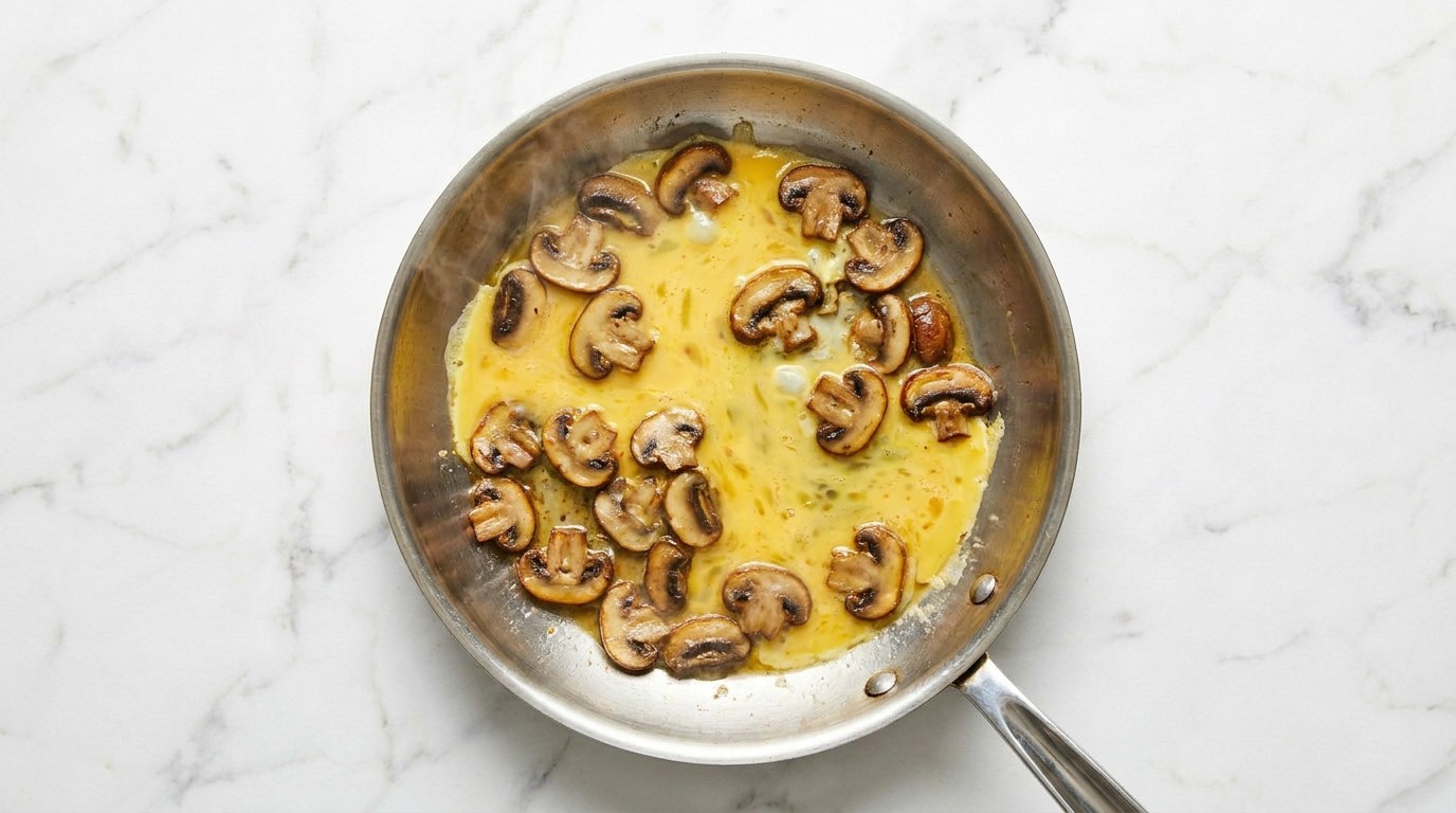 Step 2: Beat the eggs with salt and pepper and pour them over the mushrooms.