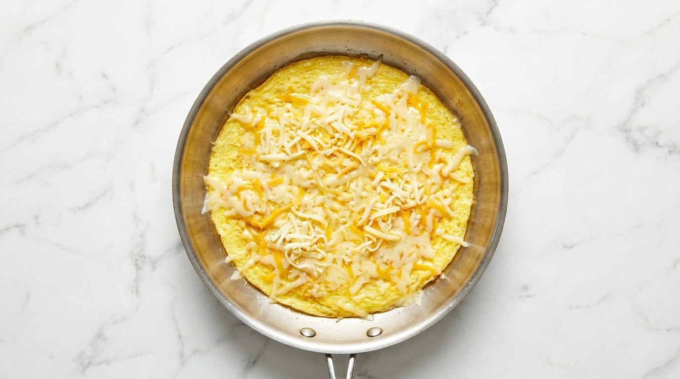 Step 3: Let the omelette set over low heat and scatter the cheese over it.