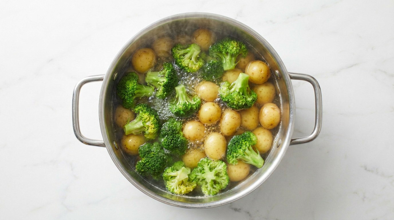 Step 1: Preheat the oven to 200 degrees and parboil the broccoli florets and potatoes for 5 minutes.