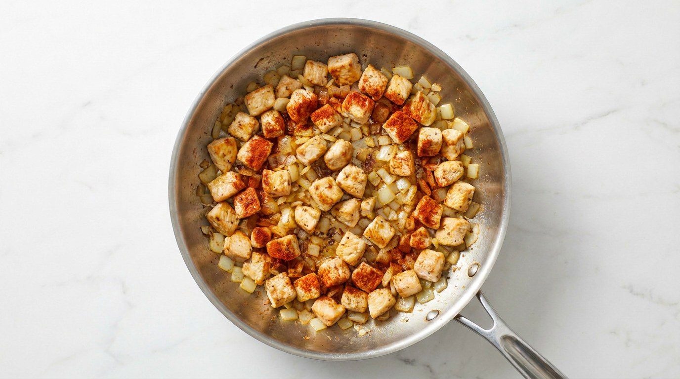 Step 2: Fry the diced chicken with the onion and paprika powder until golden.
