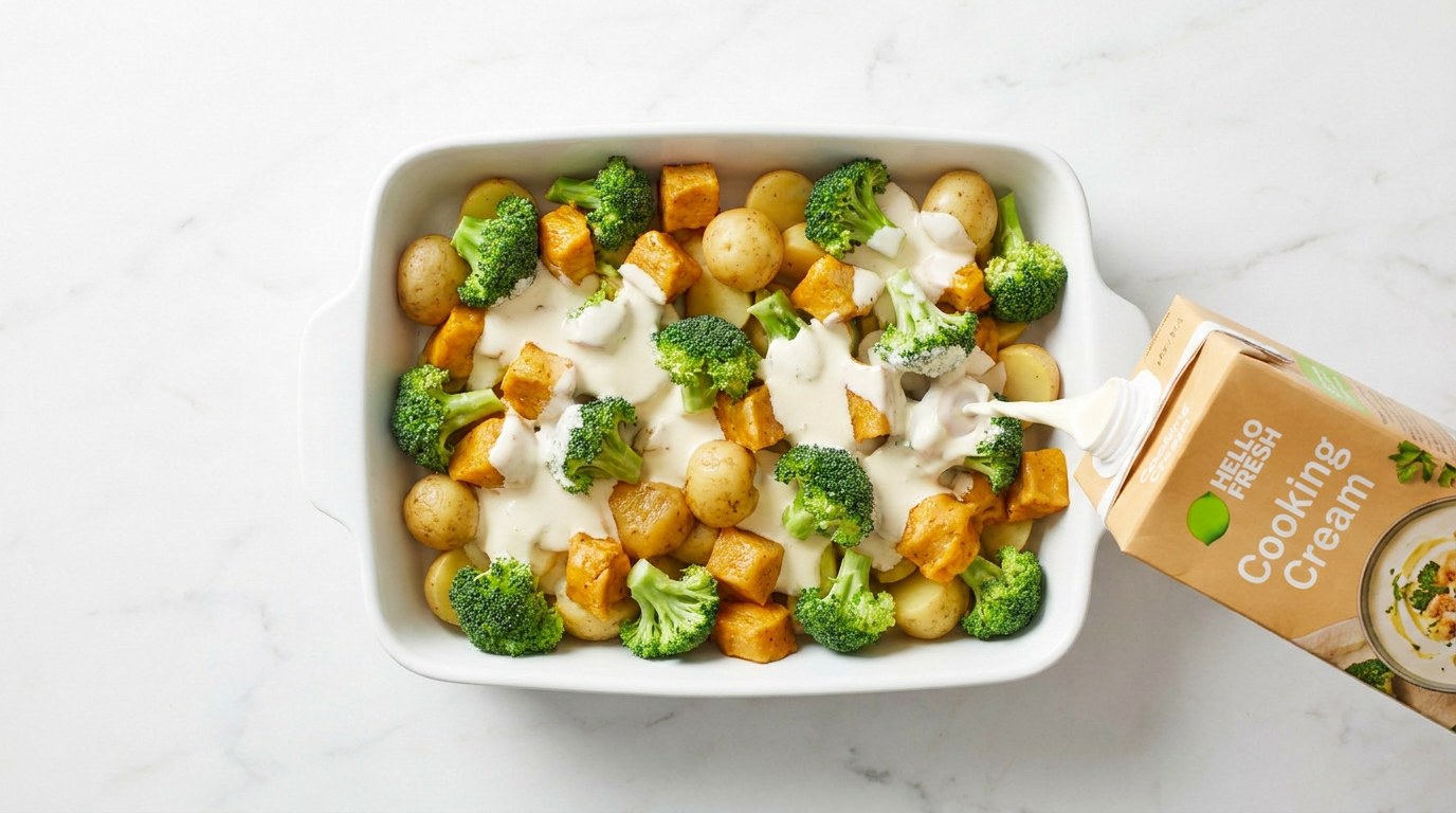 Step 3: Spread the potatoes, broccoli and chicken over an oven dish and pour the cream over.