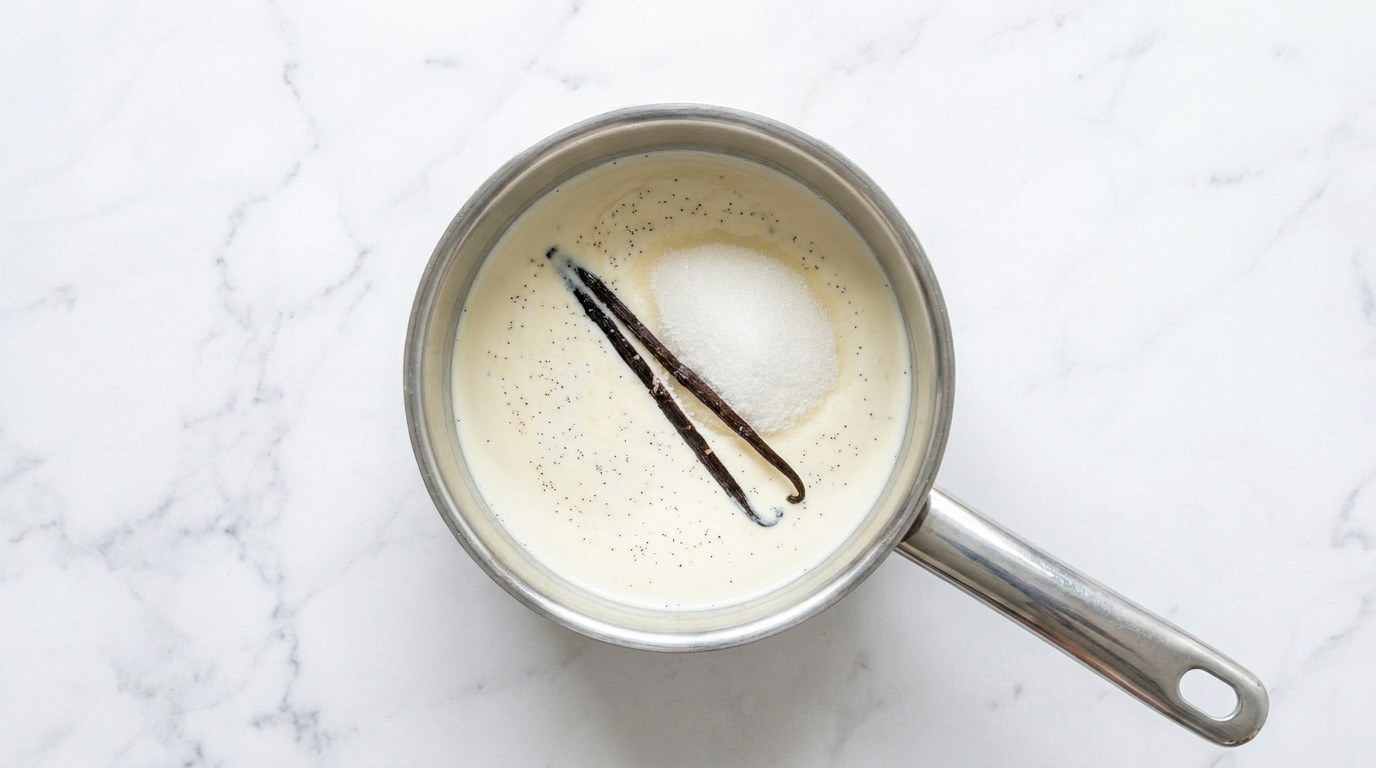 Step 2: Heat the cream with the sugar and the split vanilla pod, but do not let it boil.