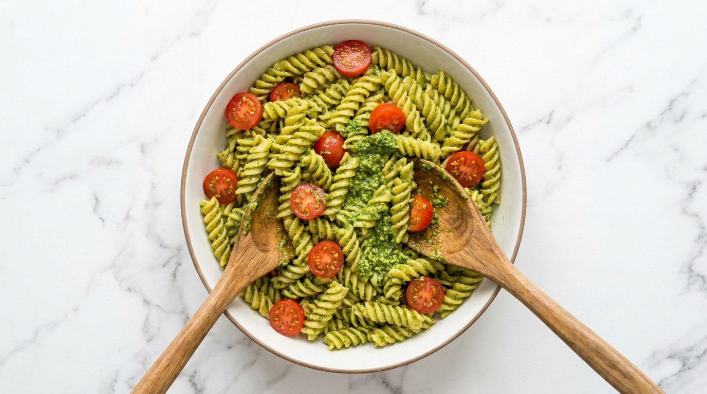Step 3: Mix the pasta with the pesto, olive oil and the halved cherry tomatoes.