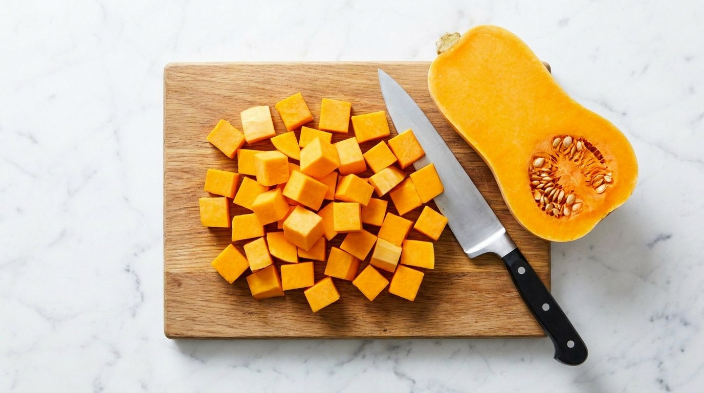 Step 1: Peel the squash, remove the seeds and cut the flesh into cubes.