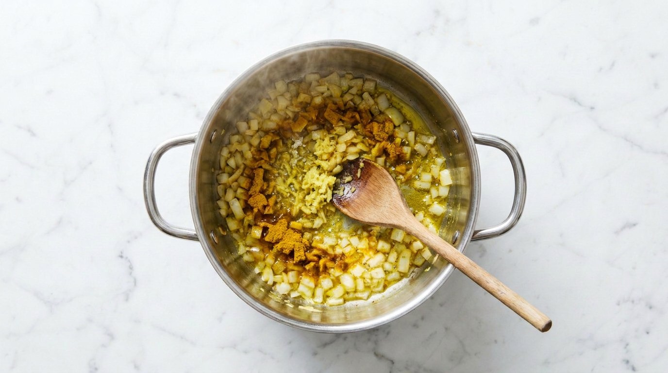 Step 2: Soften the onion, ginger and curry powder in olive oil for a few minutes.
