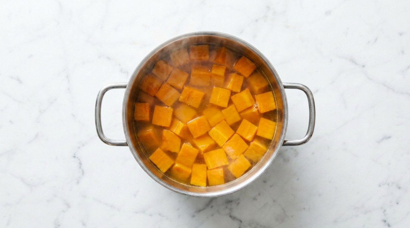 Step 3: Add the squash and stock and boil for 20 minutes, until the squash is soft.